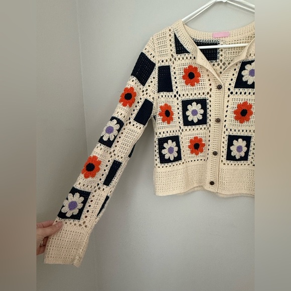 Women's Patchwork Crochet Sweater Cardigan Cottagecore Boho Size Large S/M - Picture 6 of 12